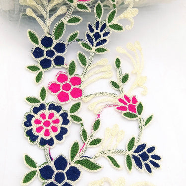 Trim By 9 Yards White Net Fabric Lace Trim with Floral Embroidery Lace Trim, Sari Border, Embroidered Trim